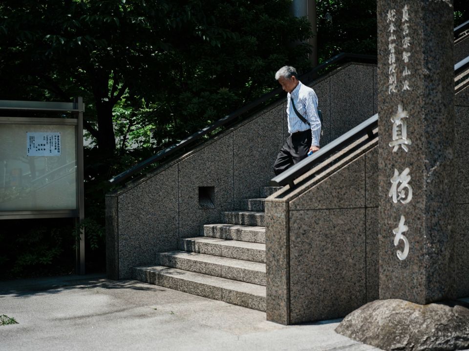 手すりにつかまって石段を下りる高齢の男性